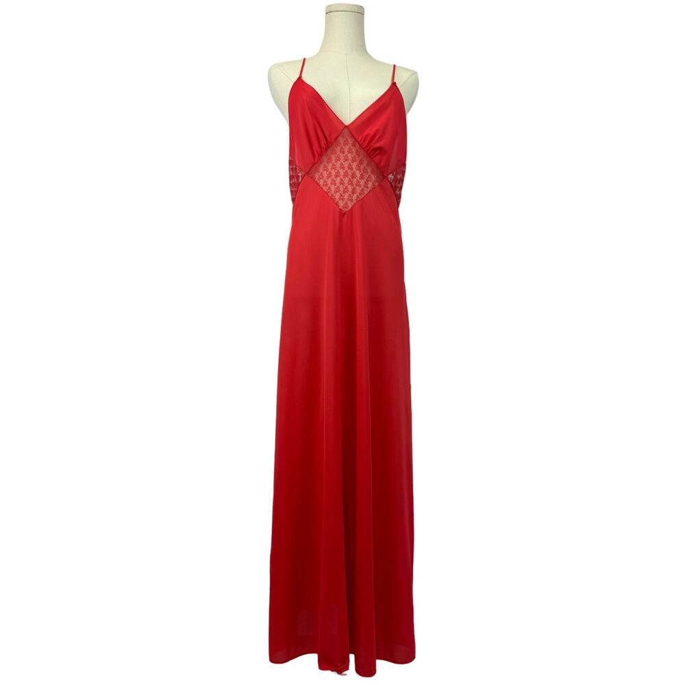 Vintage Stardust Cherry Red Long Maxi Slip Dress Gown Sheer Lace Mesh Low Back M